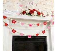 Fangoo 3m Valentinstag Dekorative Holz Rollbanner Guirlande D'enveloppes en Forme de Cœur Rouges Roses avec Perles en Bois pour Cheminées Décoration Murale Mariages Fêtes d'anniversaire