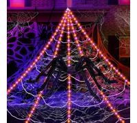 Fangoo Giant Halloween Fausse Araignée Ensemble 5m Réseau Triangulaire Blanc avec éClairage Orange Violet 2m Fausse Araignée 40g Filet Coton et 20 Petites Araignées pour Halloween Fêtes Porche Pelouse