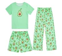 Fanient Ensemble de Pyjama à Manches Courtes pour Enfant Fille - Vert Imprimé Avocat - Trois Pièces - Quatre Saisons - 13-14 Ans