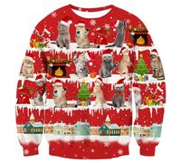 Fanient Pull de Noël pour Femmes Filles Imprimé 3D Motif de Chat Pull à Col Rond Mignon Chat Sweats S