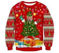 Fanient Pull de Noël pour Homme Drôle Arbre de Noël Chat Imprimé Sweat Pull de Noël Moche pour Femme Pull Unisexe à Manches Longues S