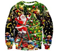Fanient Pull de Noël pour Homme et Femme avec imprimé Happy Santa Claus Unisexe à Manches Longues pour fête XXL