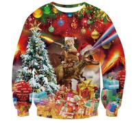 Fanient Pull de Noël pour Homme Unisexe avec imprimé Chat drôle et Dinosaure - Sweat-Shirt de Noël à Manches Longues pour Femme - S
