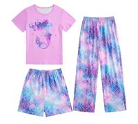 Fanient Pyjama pour Fille Ensemble de Pyjama à Manches Courtes pour Enfant Pyjama 3 pièces à imprimé Galaxie Violet Pyjama Quatre Saisons 9-10 Ans