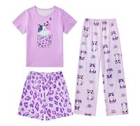 Fanient Pyjamas pour Filles Pyjamas Imprimés Chats Mignons Ensembles de Pyjama Trois Pièces pour Filles 7-8 Ans