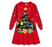 Fanient Robe de Noël en Tricot pour Fille Robe Pull en Forme d'arbre de Noël Robe Rouge à Manches Longues Robe de Noël 10-11 Ans,XXL