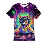 Fanient T-Shirt Cool Space Cats 3D Imprimé pour Garçons et Filles - Usage Quotidien - 6-8 Ans S