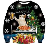 Fanient Ugly Pull de Noël Unisexe 3D Imprimé Motif Col Rond T-Shirt à Manches Longues,DJ Cat,XXXL