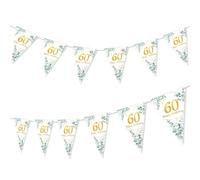 Fanion Anniversaire 60 Ans Vert et Or, Guirlande Joyeux Anniversaire, Guirlande Fanion Bannière pour 60 Ans Homme Femme Fête Décorations
