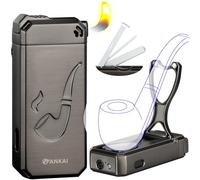 FANKAI Briquet à pipe avec support, outils de nettoyage 3 en 1, butane rechargeable avec flamme douce coudée, briquet à gaz froid avec fenêtre pour tuyau cadeau