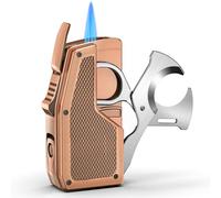 FANKAI Briquet torche à cigares avec cutter et poinçon, briquet au butane 3 en 1 avec ciseaux intégrés, rechargeable et coupe-vent, briquet double flamme avec jauge de carburant, cadeau pour homme