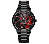 FANMIS Montre de Course Tendance pour Homme - Design Rotatif 3D - en Acier Inoxydable - Grand Cadran - Étanche - Convient pour Les Hommes et Les Amateurs de Voiture, A Steel Black Red, Bracelet