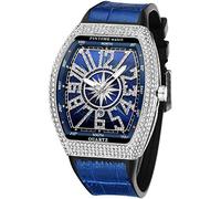 FANMIS Montre de sport à quartz pour homme avec grand cadran en diamant et bracelet en cuir, Bleu argenté, Montre rectangulaire punk diamant