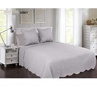 Fanny & Céline Couvre lit boutis 2 Places 100% Coton 230X250cm avec 2 Taies 65X65cm_Piquage Vagues_Couleur Unie Gris