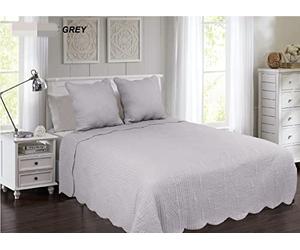 Fanny & Céline Couvre lit boutis 2 Places 100% Coton 230X250cm avec 2 Taies 65X65cm_Piquage Vagues_Couleur Unie Gris