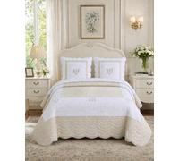 Fanny & Céline Couvre-lit Boutis 260x260 cm 100% Coton avec 2 Taies 65x65 cm - Matelassé Haute Densité, Finition Brodée - Style Français Élégant - Peaceland Couleur Lin