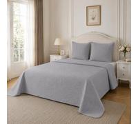 Fanny & Céline Couvre-lit Boutis de Luxe 230x250 cm avec 2 Taies 65x65 cm Percale 100% Coton 85 Fils Matelassé Broderie Élégante Gris_M23-7001 Gris