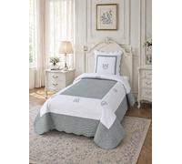 Fanny & Céline Couvre-lit Boutis en Coton 180x240 cm avec Taie 65x65 cm - Élégance Française, Matelassage Raffiné, Finition Brodée, Teinte Ivoire - Lit Simple 90/120 - Peaceland Gris