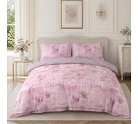 Fanny & Céline Parure de Lit 260x240 Coton Percale 80 Fils, Housse de Couette Réversible Esprit Jardin Fleuri & Feuillage, Rose Poudré, 2 Taies 65x65 cm à Volant, Boutons Discretss FC-2520_FC-131