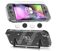 FANPL Clear Glitter Case for Nintendo Switch 2 (2025), Dockable Protective Cover for Switch 2 and Joy Con Controller with Screen Protector 4 Thumb Grip Caps - Strong and Durable, Not Easy to Fall Off