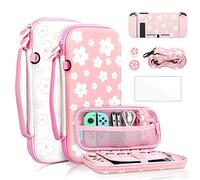 FANPL Joli étui de transport pour Nintendo Switch, kit d'accessoires rose avec étui de voyage rigide, coque en TPU souple, sangle réglable, protection d'écran, capuchons pour les pouces, Sakura rose