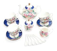 fanquare 15 Pièces Bleu Fleur Service à Thé en Porcelaine, Rose Fleur Céramique Tasse de Thé et Soucoupe Ensemble pour 6, la Chine Service à Café pour les Adultes et les Femmes