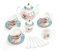 fanquare 15 Pièces de Fleurs Colorées Service à Thé en Porcelaine, Tasse de Thé en Céramique et Soucoupe Ensemble pour 6, Vintage Service à Café pour la Fête des Femmes