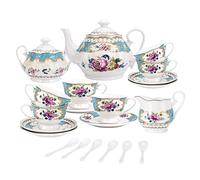 fanquare 15 Pièces Services à Thé Turquoise en Porcelaine Britannique,Ensemble de Café en Céramique de Fleurs Roses Vintage, Service de Table de Mariage pour Adultes