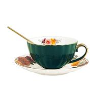 fanquare 200ml Set Tasse à Thé et Soucoupe pour 1 Personne, Tasse à Thé en Céramique avec Bord Doré, Tasse à Café en Porcelaine avec Cuillère, Vert Foncé
