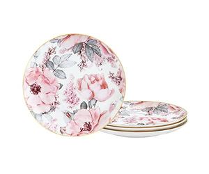 fanquare 20cm Bone China Assiette à Salade avec Bord Doré, Rose Floral Bols à Pâtes Set de 4, Assiette à Dessert en Porcelaine, Assiette à Déjeuner Britannique