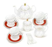 fanquare 21 Pièces de Bonbons Colorés Ensemble de Thé Britannique de l'après-midi, Set Moderne de Théières en Porcelaine, Set Vintage de Tasse à Café et Soucoupe en Bone China Adulte pour 6
