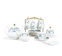 fanquare 21 Pièces de Service à Thé en Porcelaine pour la Femme, Bleu Floral Service à Café, Ensembles de Thé Vintage avec Tasses à Café et Soucoupes pour 6 Personnes