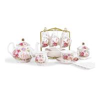 fanquare 21 Pièces de Service à Thé en Porcelaine pour la Femme, Bleu Floral Service à Café, Ensembles de Thé Vintage avec Tasses à Café et Soucoupes pour 6 Personnes (Rose)