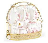 fanquare 21 Pièces de Service à Thé en Porcelaine Vintage, Feuilles de Thé Rouge Après-midi Ensemble, Service à Café en Céramique avec des Cuillères de Support pour les Femmes de Mariage