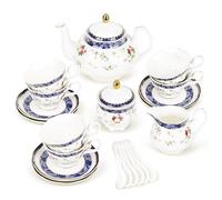 fanquare 21 Pièces Rose Bleue Ensemble de Thé Britannique pour l'après-midi, Ensemble de Théières en Porcelaine Moderne, Vintage Café Tasse et Soucoupe, Service à Thé Adulte pour 6 Personnes