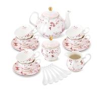 fanquare 21 Pièces Service à Thé en Porcelaine Britannique avec Bord Doré, Feuilles d’automne Roses Service à Café Floral pour Femmes Thé la Fête, 6 Tasses à Thé et Soucoupes pour Mariage à la Maison