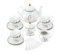 fanquare 21 Pièces Service à Thé en Porcelaine de Style Royal avec Bord Doré, Service à Café Vintage Camélia Blanc à Pois, 6 Tasses à Thé et Soucoupes pour Mariage à Domicile