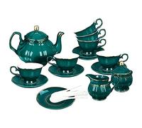 fanquare 21 Pièces Service à Thé en Porcelaine Vintage, Service à Café Vert Foncé pour 6, avec Théière, Pot à lait, Sucrier, Soucoupes et Cuillères