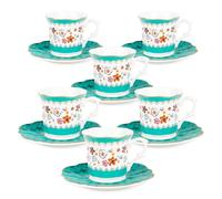 fanquare 80ml Vintage Espresso tasses 6er Set, 12 pièces céramique tasses à espresso et soucoupes, vert et motif floral tasses à espresso pour le bar à café à la maison