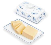 fanquare Bleu Fleur Céramique Beurrier avec Couvercle et Poignée pour 250 g de Beurre, Grand Beurrier Porcelaine, Cloche à Beurre de Haute Qualité