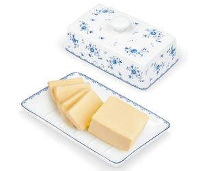 fanquare Bleu Fleur Céramique Beurrier avec Couvercle et Poignée pour 250 g de Beurre, Grand Beurrier Porcelaine, Cloche à Beurre de Haute Qualité