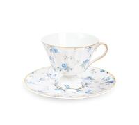 fanquare Bone China Tasse et soucoupe Set, Bleu Petite Rose Fleurs Tasse à thé, 170ml Elégante tasse à café en porcelaine britannique pour les femmes Cadeaux