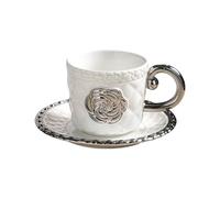 fanquare Elégantes Set de Tasses et Soucoupes en Céramique Blanche 300ml,Ensembles Tasses et Soucoupes avec Relief Rose Argentée Design Vintage pour Espresso Latte Goûter Bureau et Maison