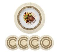 fanquare Ensemble de 4 Sets de Table Ronds Boho à Pampilles en Herbe, Tissage Rustique Macramé à Cercles Concentriques, Style Ferme pour Cuisine et Salle à Manger