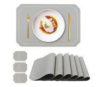 fanquare Ensemble de Sets de Table et Dessous de Verre en Simili Cuir rectangulaires Gris Clair avec Bordure dorée Résistants à la Chaleur, Parfaits pour la décoration de Table de Cuisine 45x30cm