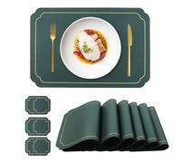 fanquare Ensemble de Sets de Table et Dessous de Verre en Simili Cuir rectangulaires Vert avec Bordure dorée Résistants à la Chaleur, Parfaits pour la décoration de Table de Cuisine 45x30cm
