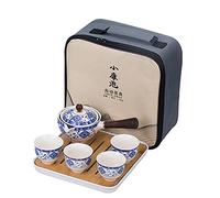 fanquare Ensemble de Thé de Voyage Portable en Porcelaine Bleue et Blanche, Service à thé Kungfu Fait à la Main avec Plateau à Thé en Bambou et Sac