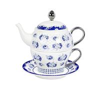 fanquare Ensemble de Théière en Porcelaine Motif Roses Bleues et Dot, Théière avec Tasse À Café et Soucoupe en Porcelaine pour Une Personne