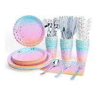 fanquare Ensemble de Vaisselle de Fête Arc-en-Ciel 192 pcs Carton Assiettes Gobelets Serviettes Couverts Pailles Décorations de Fête d'Anniversaire pour 24 Invités. Rose