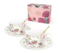fanquare Ensemble Tasse et Soucoupe à Café Florale de 2, Rose Tasse à Café Céramique 200ml, British Porcelaine Tasses à Thé et Soucoupes avec Cuillère Cadeau pour Maman Amie Fête du Thé